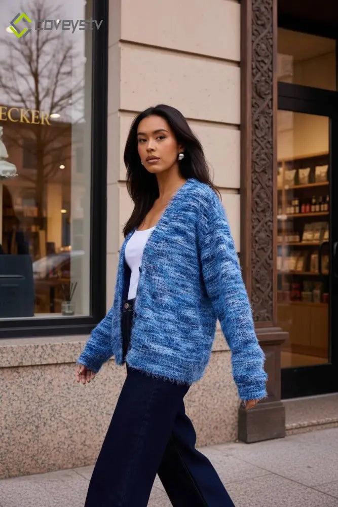 New Retro Fashion Deep V-Neck Maillard Plush Long-Sleeve Knit Cardigan - Blue / S