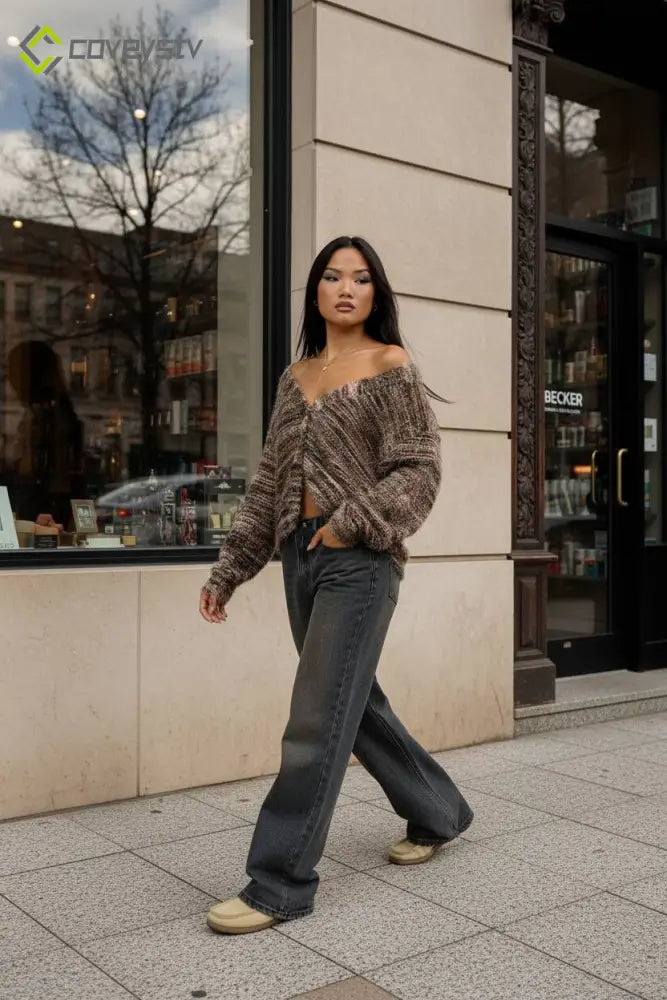 New Retro Fashion Deep V-Neck Maillard Plush Long-Sleeve Knit Cardigan - Brown / S