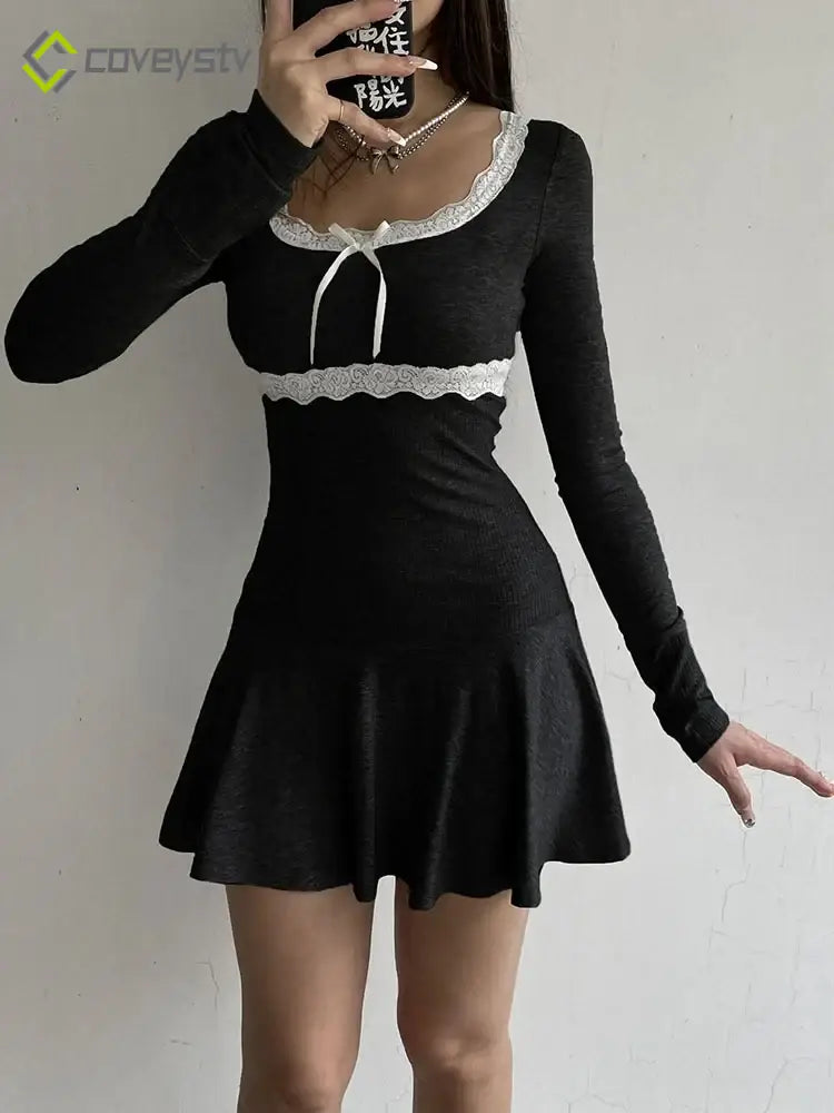 Patchwork Lace Square Neck Mini Dress - Black / S