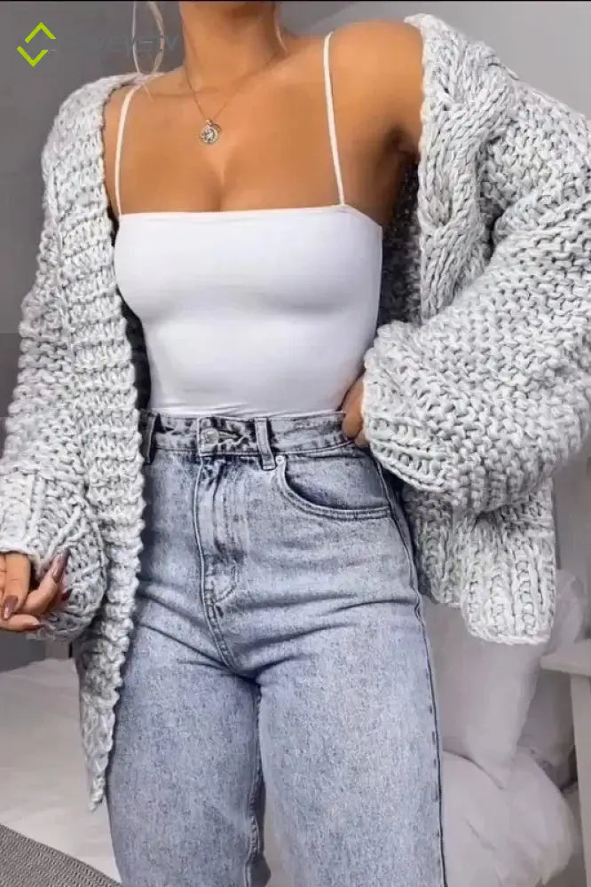 Plush Batwing Sleeve Knit Cardigan - Grey / S