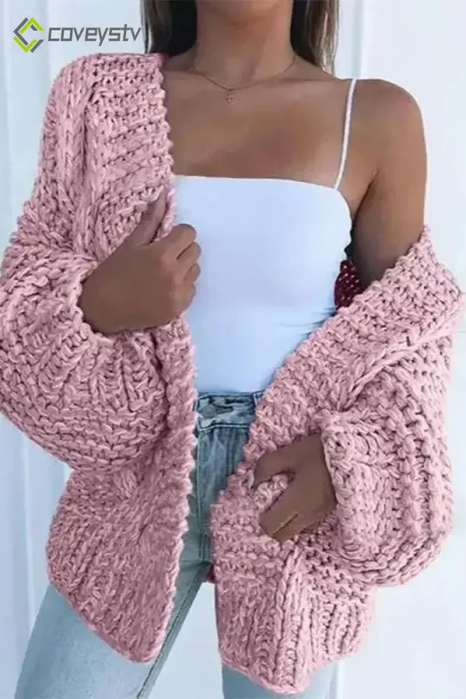 Plush Batwing Sleeve Knit Cardigan - Pink / S
