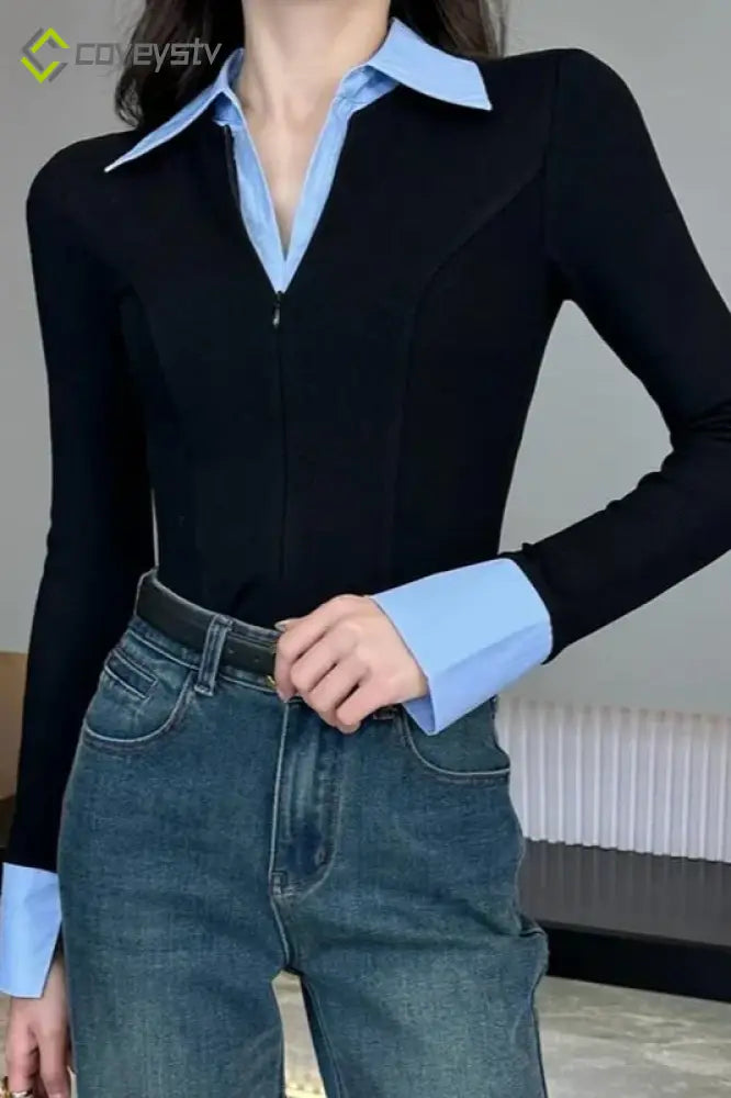 Polo Neck Slim Faux Two Piece Knit Long Sleeve Blouse - Black / M