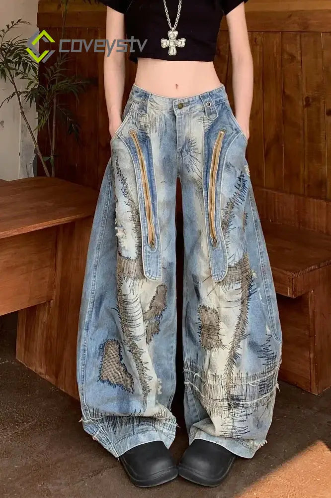 Punk Streetwear Wide Leg Denim Jeans