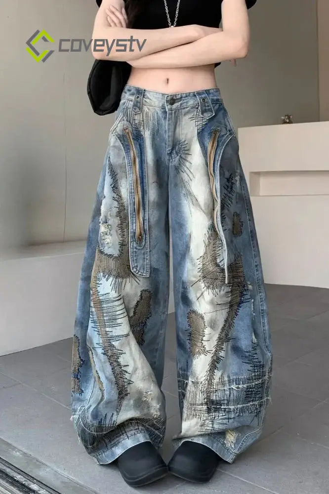 Punk Streetwear Wide Leg Denim Jeans - Vintage Blue / S