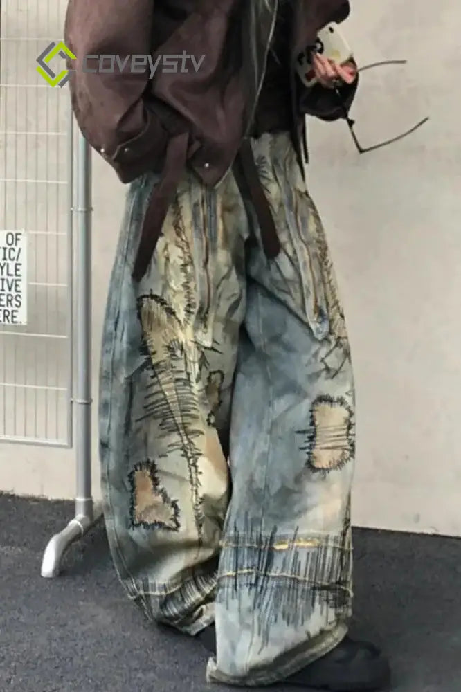 Retro Denim Wide Leg Mop Pants