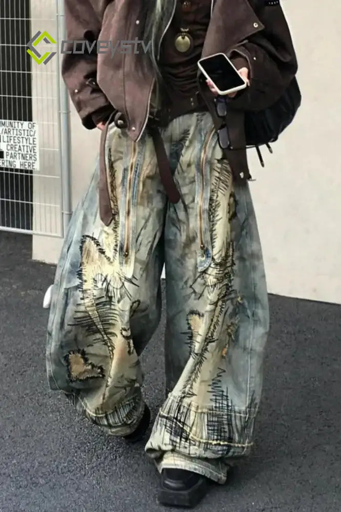 Retro Denim Wide Leg Mop Pants