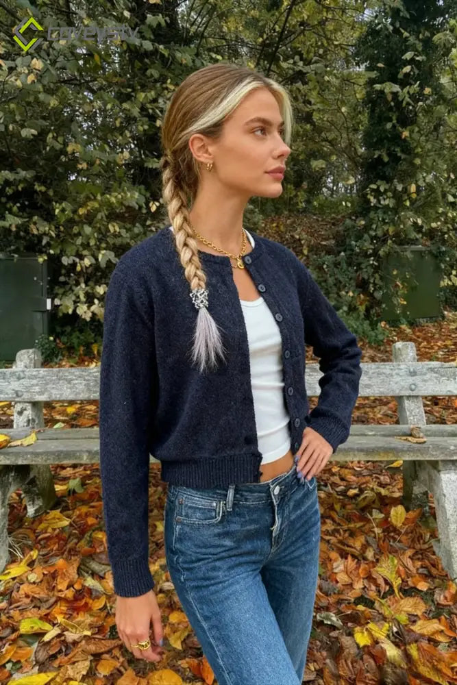 Retro Round Neck Long Sleeve Knit Cardigan