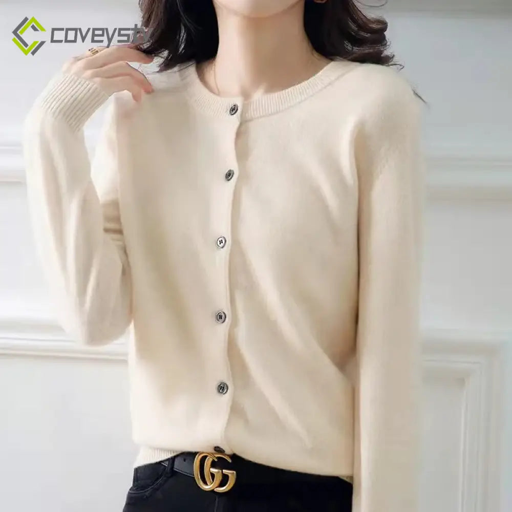 Single Breasted Chic Fashion Solid Long Sleeve Round Neck Autumn Winter Casual Cardigan - Beige / S