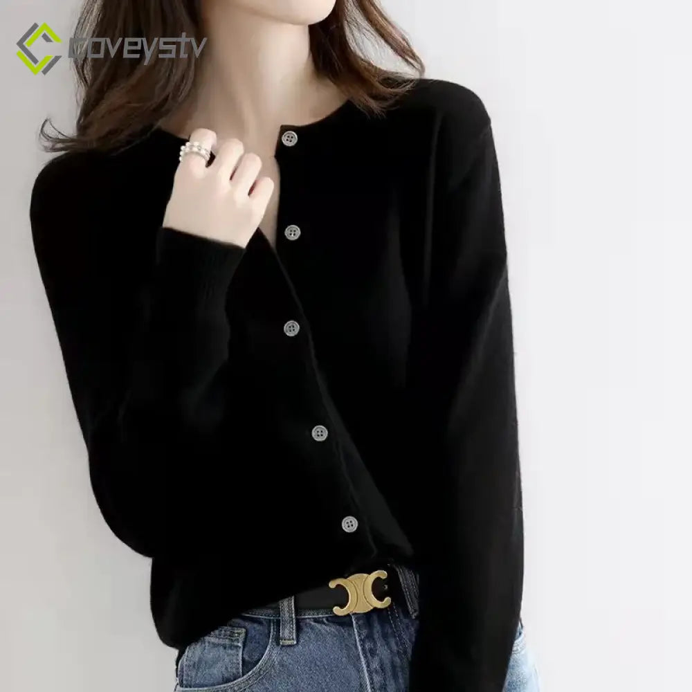 Single Breasted Chic Fashion Solid Long Sleeve Round Neck Autumn Winter Casual Cardigan - Black / S