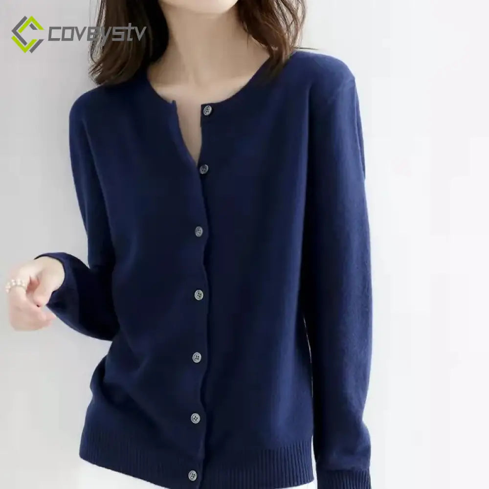 Single Breasted Chic Fashion Solid Long Sleeve Round Neck Autumn Winter Casual Cardigan - Navy Blue / S