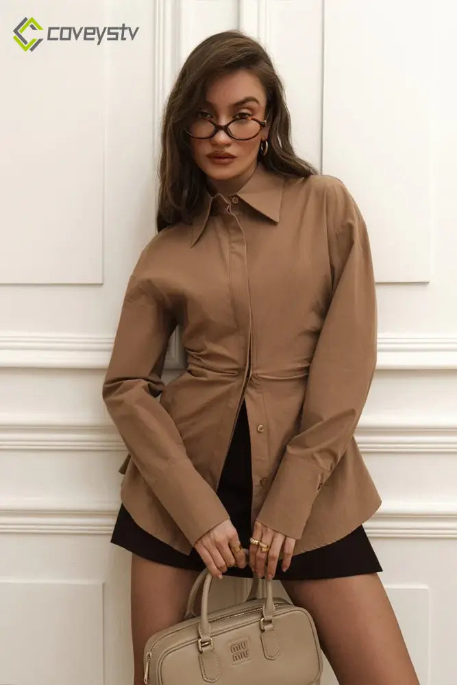 Slim Fit Ruched Waist Blouse - Brown / S