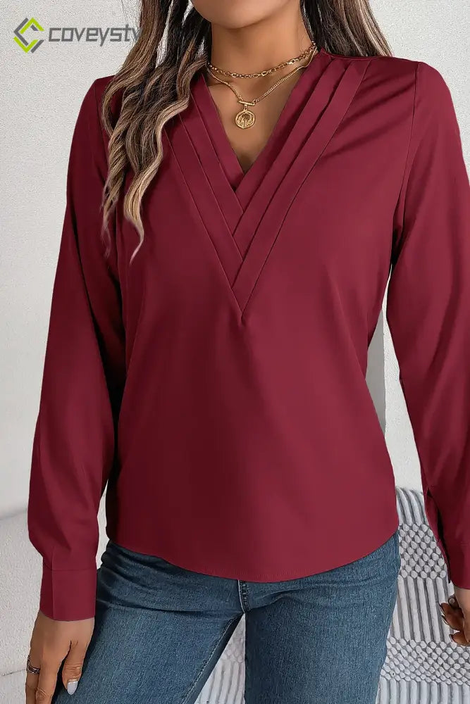 Solid Color Layered V Neck Elegant Long Sleeve Blouse