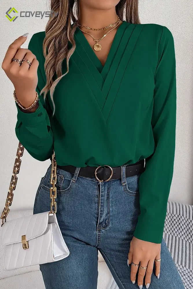 Solid Color Layered V Neck Elegant Long Sleeve Blouse - Green / S