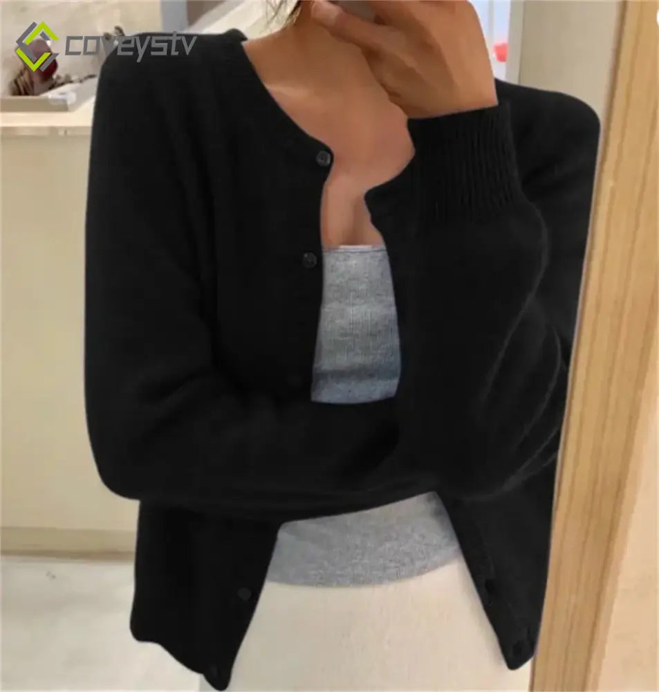 Solid Knit Single Breasted Long Sleeve Loose Autumn Spring Casual Elegant Cardigan - Black / One Size