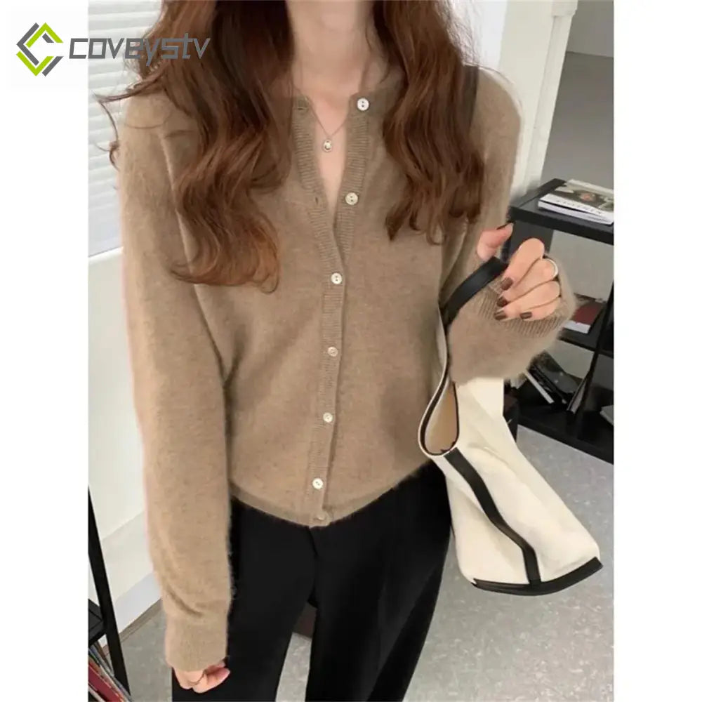 Solid Knit Single Breasted Long Sleeve Loose Autumn Spring Casual Elegant Cardigan - Khaki / One Size