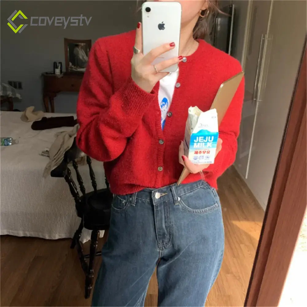 Solid Knit Single Breasted Long Sleeve Loose Autumn Spring Casual Elegant Cardigan - Red / One Size