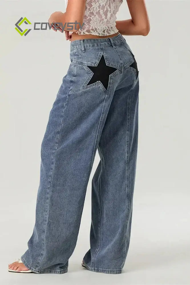 Star Print Loose Wide Leg Jeans - GRAY / S