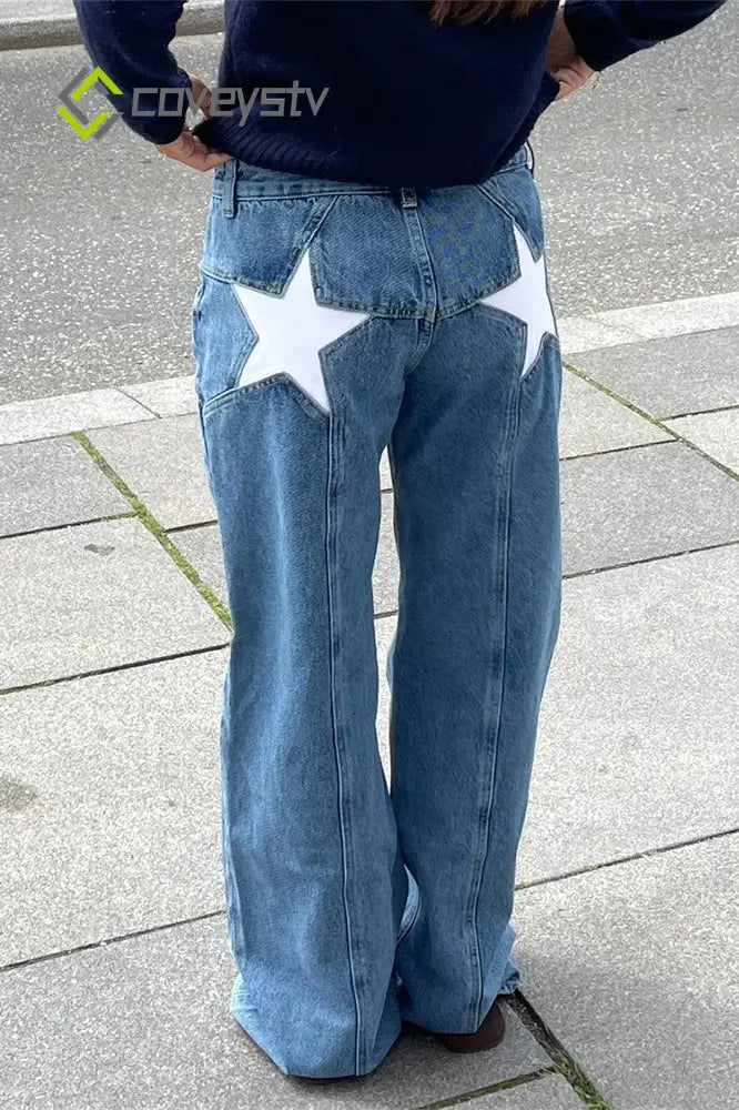 Star Print Loose Wide Leg Jeans - SKY BLUE / S