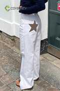 Star Print Loose Wide Leg Jeans - WHITE / S