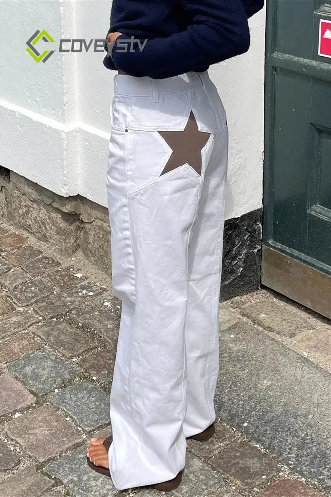 Star Print Loose Wide Leg Jeans - WHITE / S