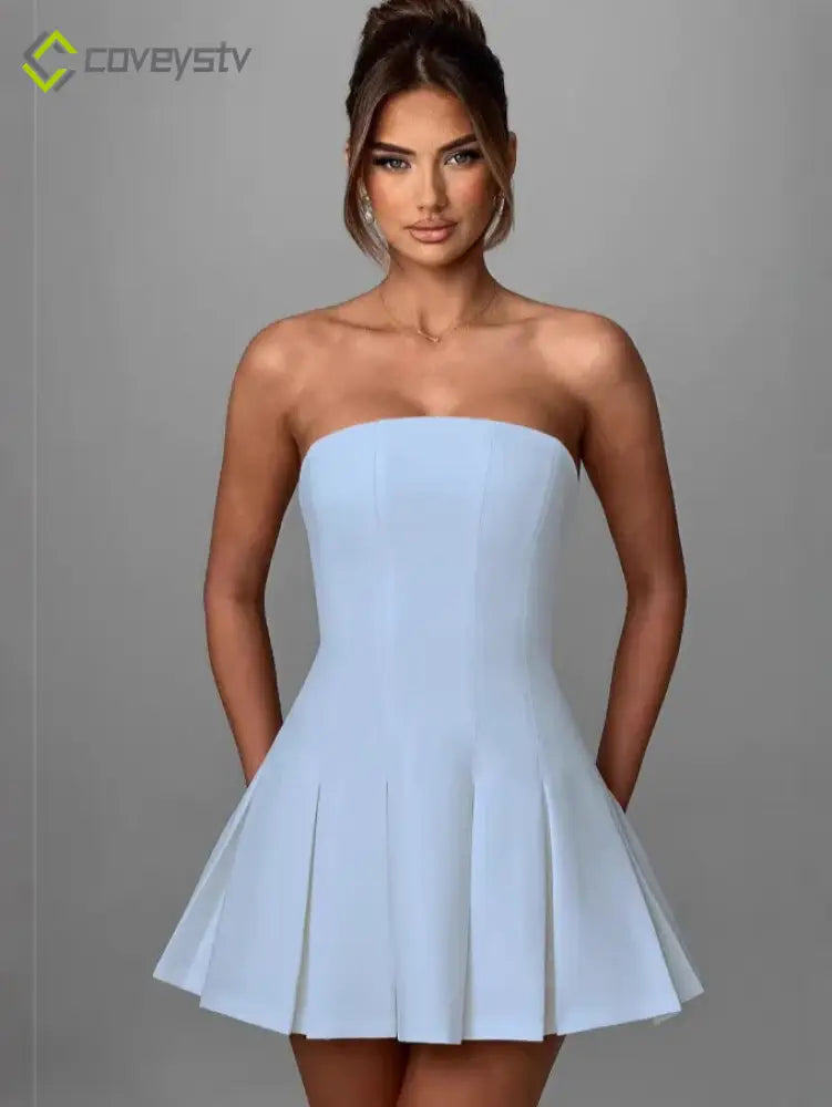 Strapless Bow Ruffle Elegant Gothic Mini Dress - blue / XS