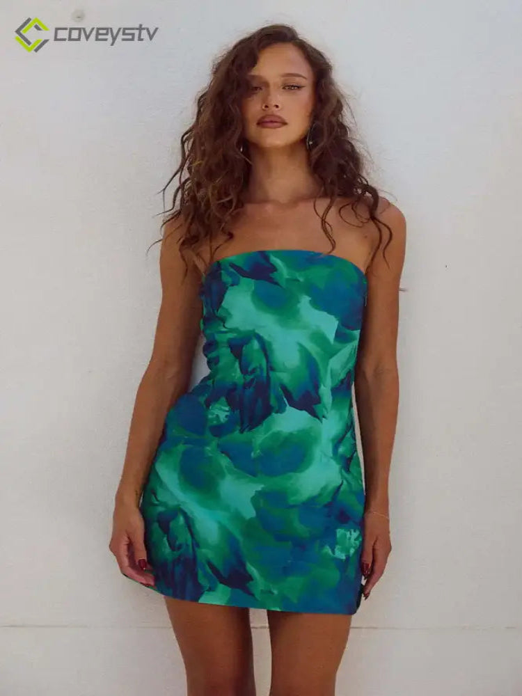 Strapless Patchwork Backless Club Mini Dress - Green / S