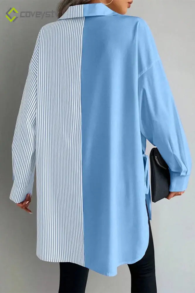 Striped Plus Size Asymmetric Panel Side Tie Button Blouse