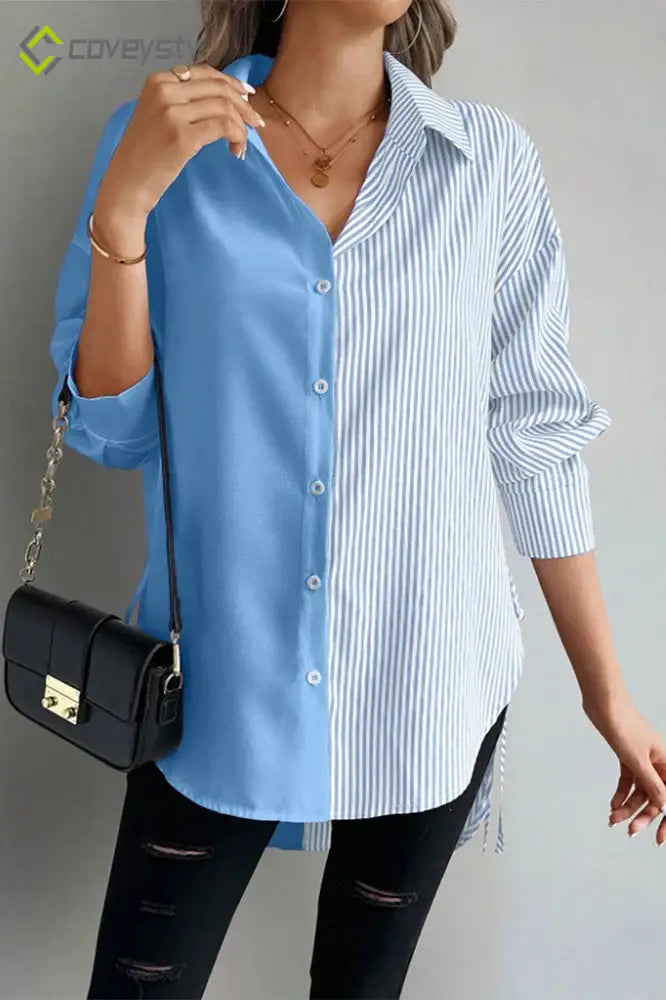 Striped Plus Size Asymmetric Panel Side Tie Button Blouse