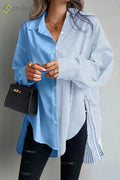 Striped Plus Size Asymmetric Panel Side Tie Button Blouse - Blue / XL