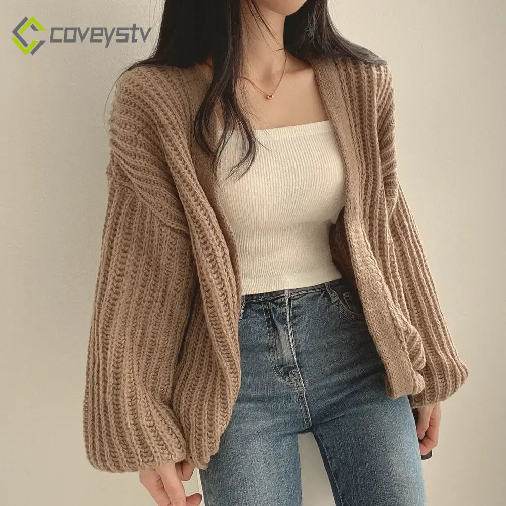 V-Neck Oversized Casual Solid Long Sleeve Lazy Elegant Holiday Y2K Streetwear Cardigan
