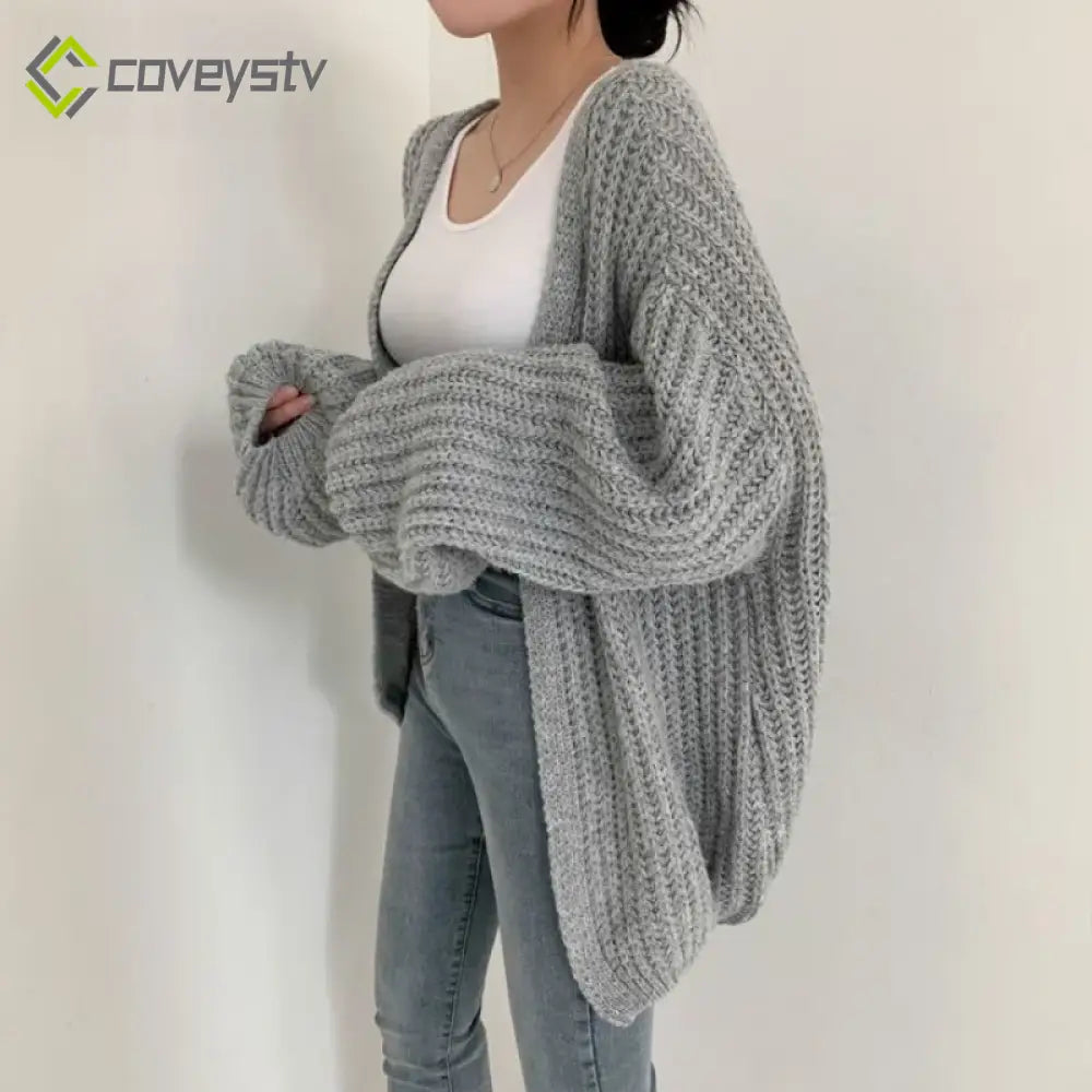 V-Neck Oversized Casual Solid Long Sleeve Lazy Elegant Holiday Y2K Streetwear Cardigan