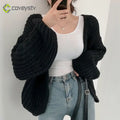 V-Neck Oversized Casual Solid Long Sleeve Lazy Elegant Holiday Y2K Streetwear Cardigan - Black / One Size