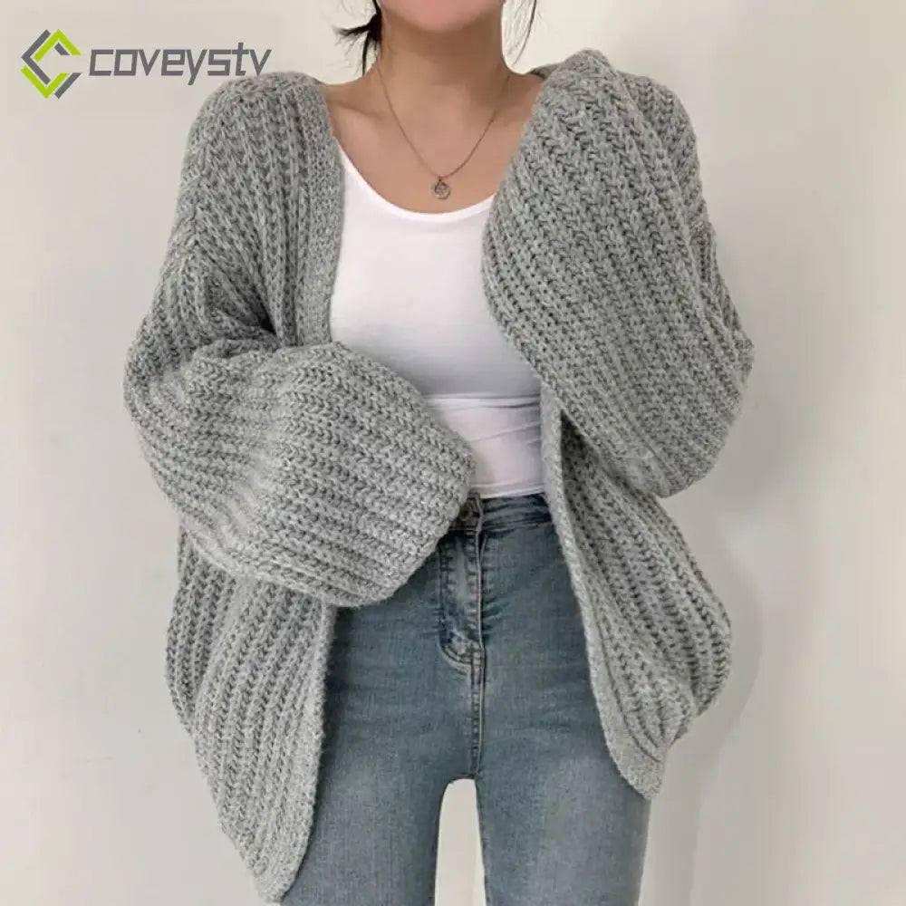 V-Neck Oversized Casual Solid Long Sleeve Lazy Elegant Holiday Y2K Streetwear Cardigan - GRAY / One Size