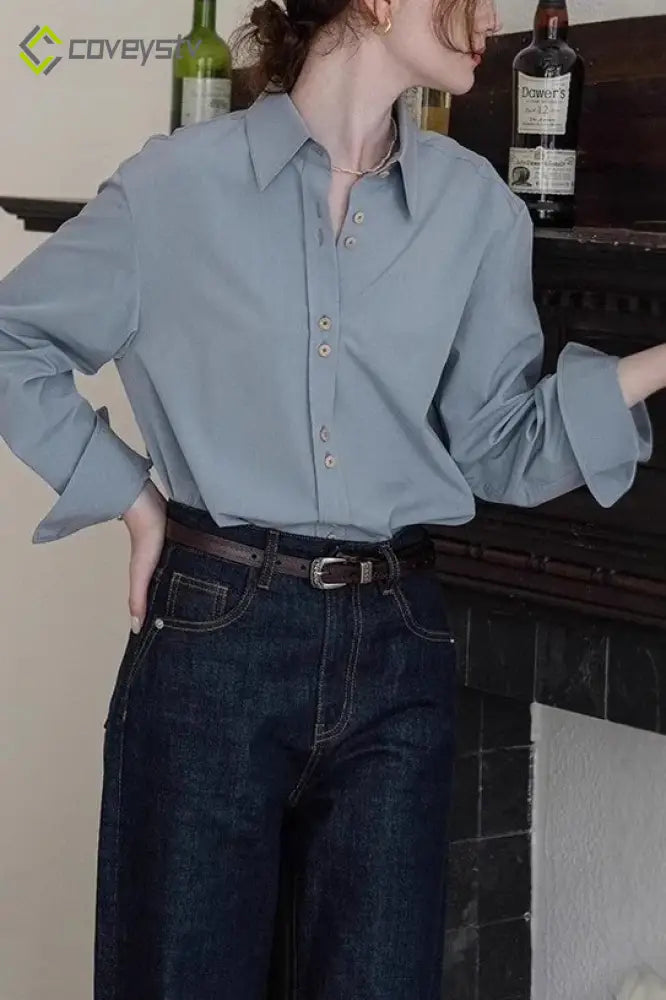 Velvet Satin Back Embroidered Chic Workwear Blouse - Blue / S