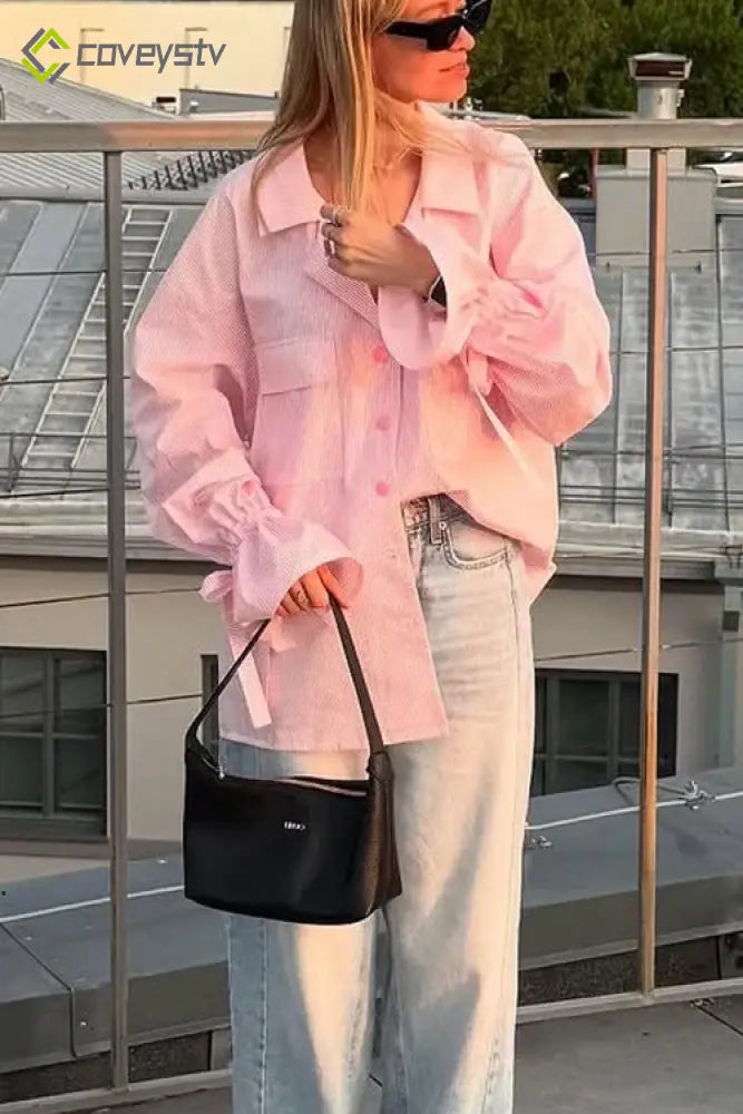 Versatile Striped Flare Blouse - Pink / S