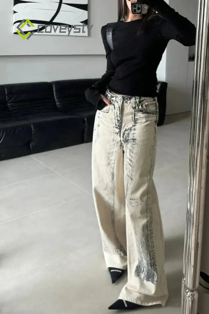 Vintage Straight Tie Dye Jeans - Beige / S