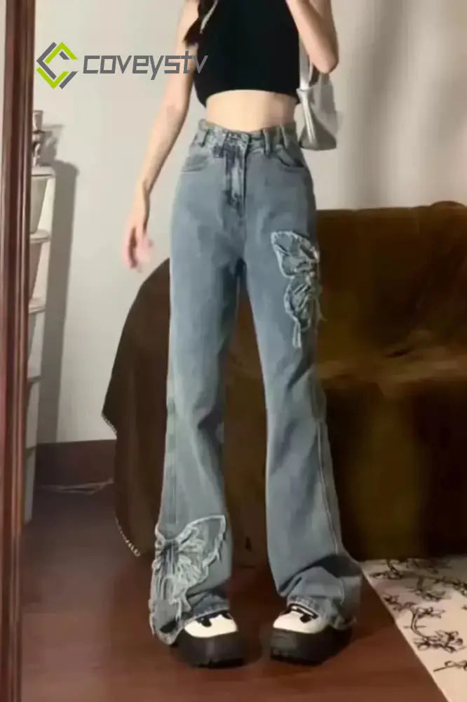 Washed Butterfly Embroidered Flared Jeans