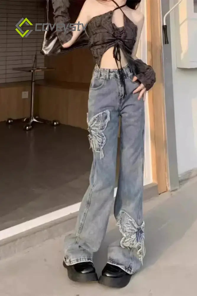Washed Butterfly Embroidered Flared Jeans