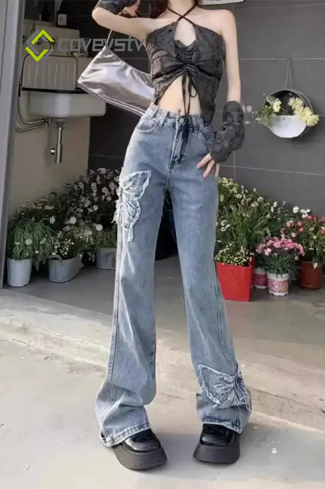 Washed Butterfly Embroidered Flared Jeans - Blue / S