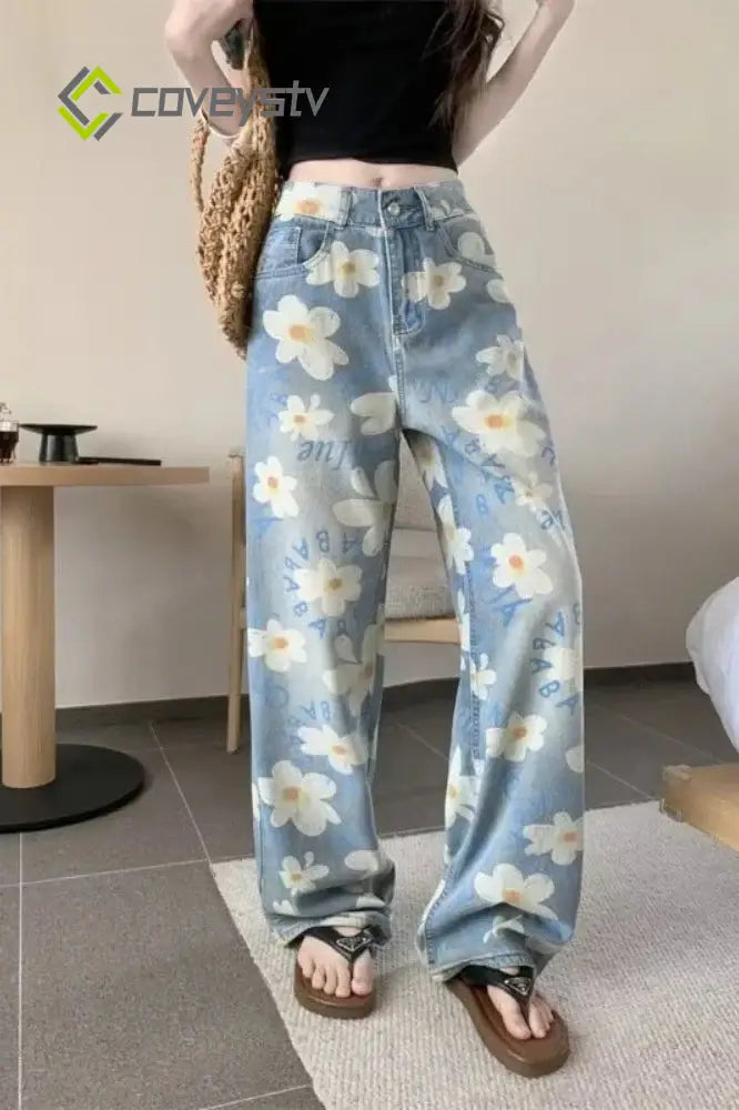 Washed Floral Print Baggy Jeans