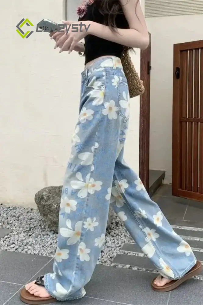 Washed Floral Print Baggy Jeans