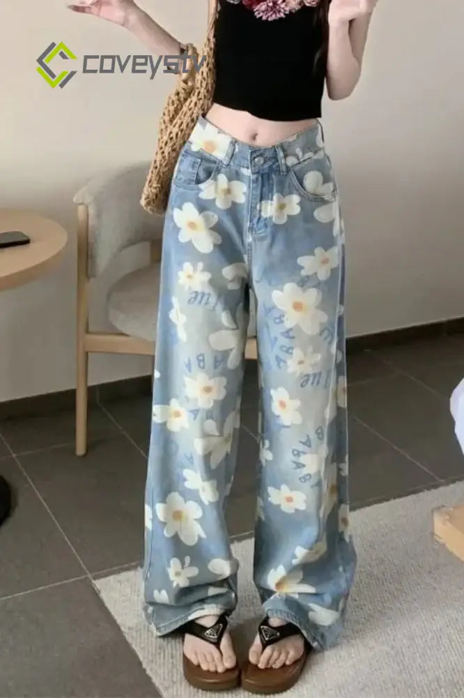 Washed Floral Print Baggy Jeans