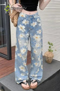 Washed Floral Print Baggy Jeans - Blue / S