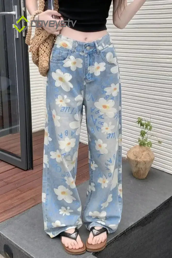 Washed Floral Print Baggy Jeans - Blue / S