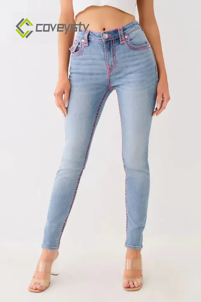 Washed Mid Rise Embroidered Jeans - Blue / S