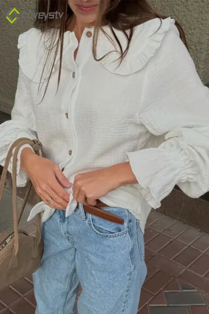 White Ruffle Trim Lantern Blouse