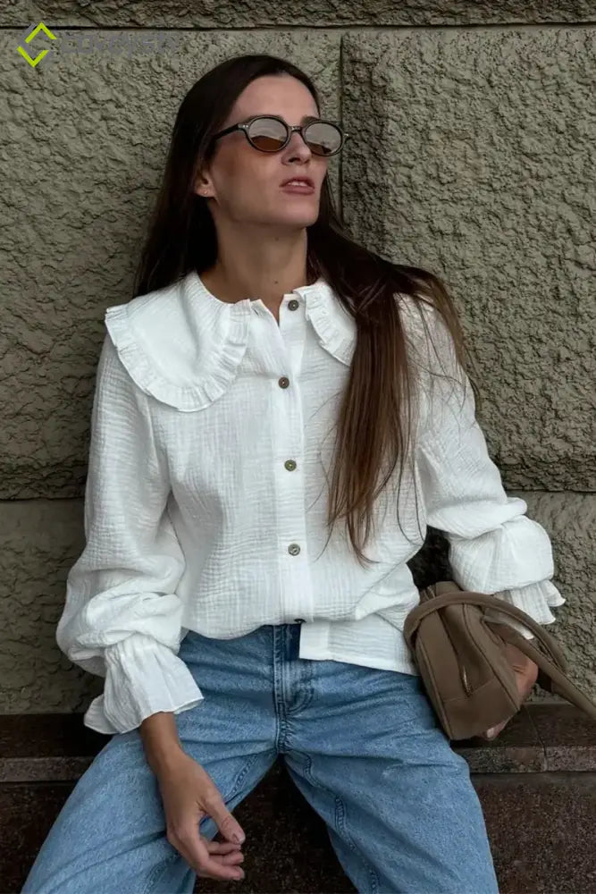 White Ruffle Trim Lantern Blouse - White / S