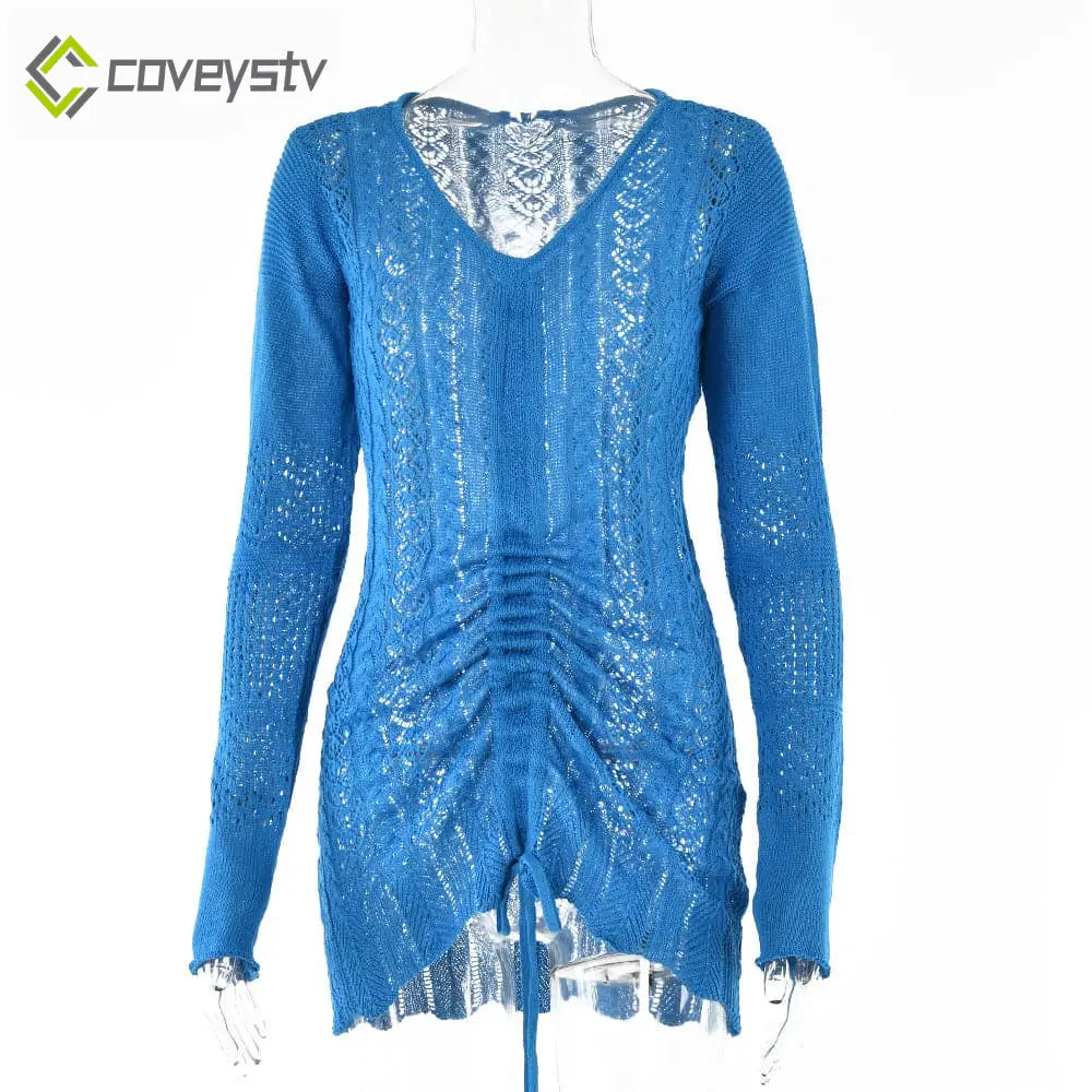Women Knitted Dress - Blue / S